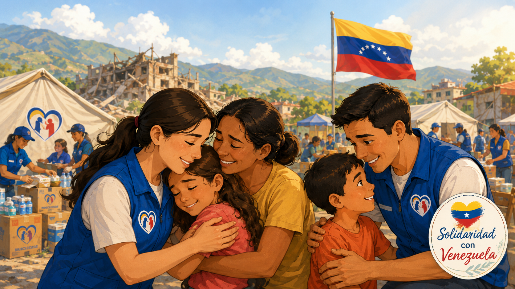 Personal humanitario acompañando a un niño en refugio